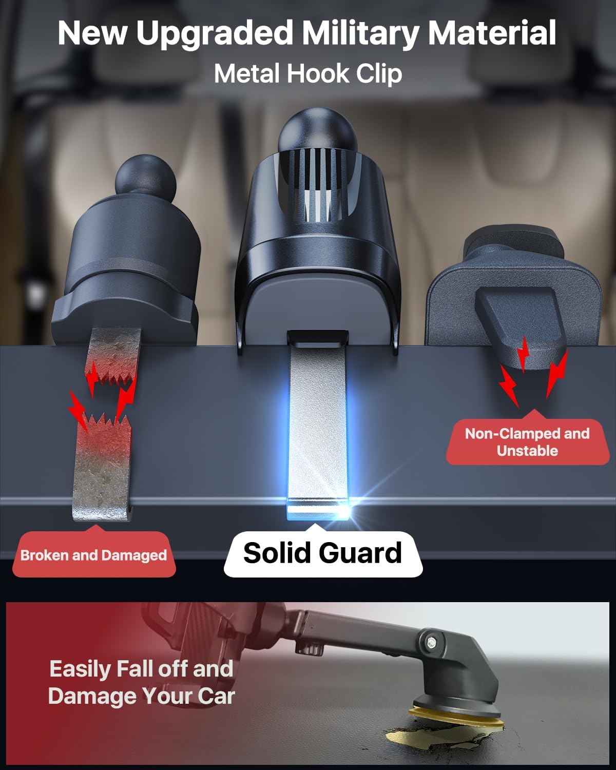 YRU Car Phone Holder [2025 Upgraded Metal Hook Clip], Phone Holders for Your Car [No Fear of Bumps] Air Vent Cellphone Mount Widely Compatible with iPhone16 15 14 13 12 Samsung Android, Grey