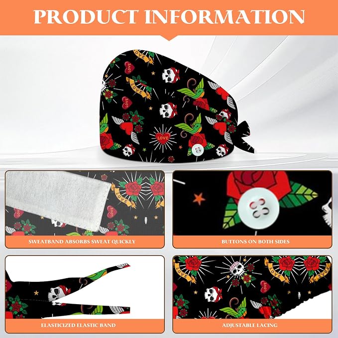 Adjustable Scrub Cap with Buttons & Sweatband, Working Hat with Elastic Tie Back - Image 2