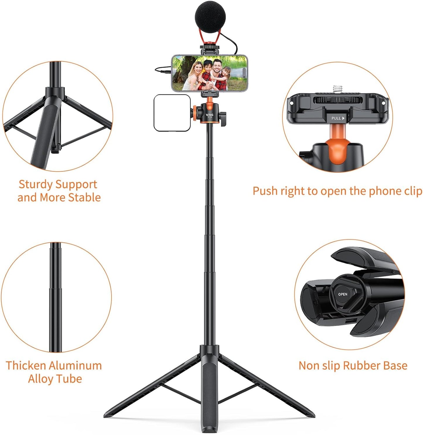 VRIG TP16 Camera Tripod, 55 inch Extendable Phone Selfie Stick Camera Tripod Stand with 2 in 1 Phone Clip, 5 Levels Adjustment 360° Ball Head Loads Up for Pocket 3 Insta360 X5 iPhone Sony Canon