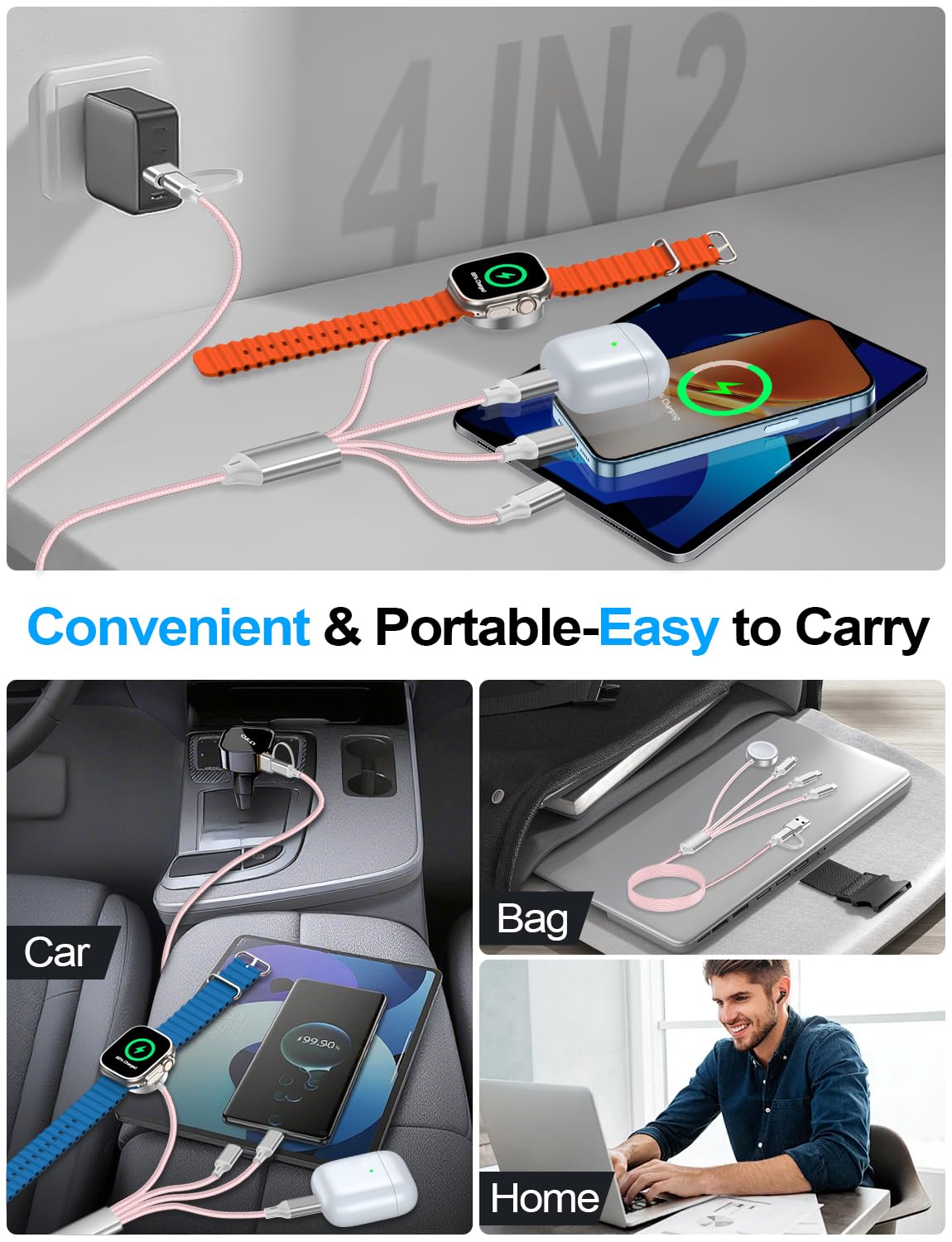 4-in-2 Charging Cable for Apple Watch Charger/Samsung/iPhone Charger,Car/Office/Camping/Travel Essentials,Type C Cable Multi Cord for iWatch Ultra/10-2/iPhone 16-11/Samsung S25-S20,iPad,airPods-Pink