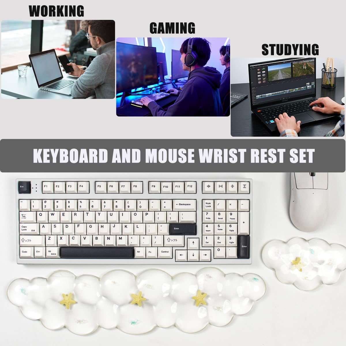 Gel Keyboard and Mouse Wrist Rest Set – Clear Cloud Wrist Rest for Computer Keyboard 60%/68%/75%, Comfort & Support for Typing and Gaming (Cute Starfish)