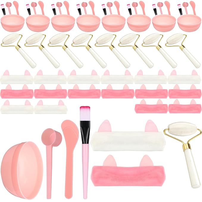 8 Sets Spa Party Supplies include 8 Jade Rollers Face Mask Brushes Face Mask by Threlaco
