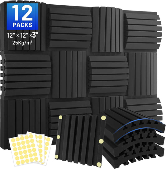 Focusound Sound Proof Foam Panels for Walls 12 Pack – 12x12x3 Inch Acoustic Noise Reducing Wall Panels, Absorbing Soundproofing Foam Dampening Panel Set with 90 PCS Strong Double-Sided Adhesives
