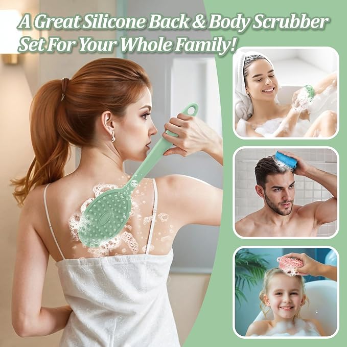 Silicone Back & Face Scrubber & Bath Glove Set 3PCS, 13.4'' Gentle Back Scrubber - Image 9