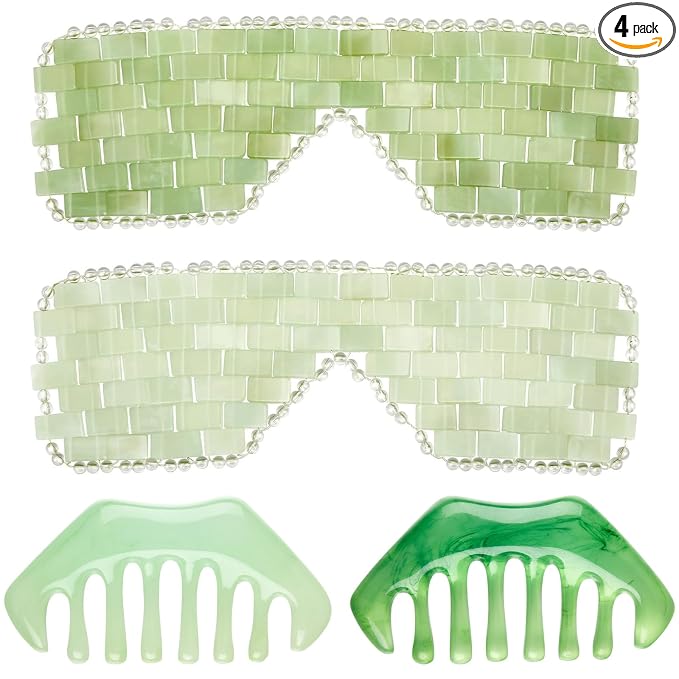 Hercicy 4 Pcs Jade Eye Mask and Hair Comb Set Green Jade Stone Eye Mask White by Hercicy