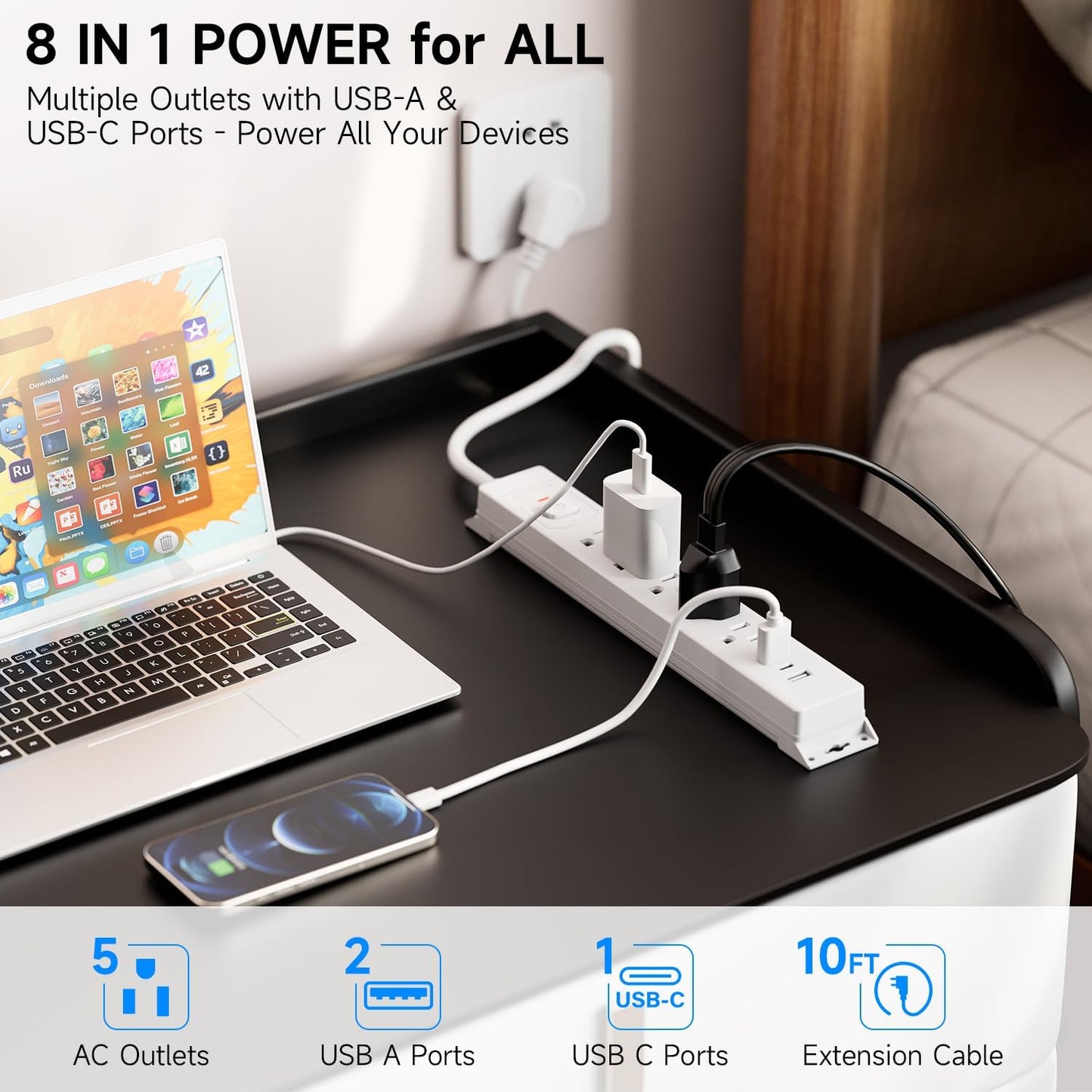 [2-Pack] 10 Ft Power Strip Surge Protector with USB Ports, Flat Plug Extension Cord, 5 AC Outlets and 3 USB Charging Ports, Wall Mountable, ETL Listed – White for Home, Office, Dorm