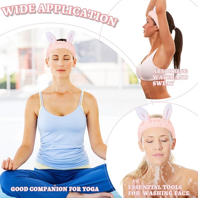 Jowmoy Cute Light Pink Rabbit Ears Headband Frog Eye Elastic to Wash Face - Image 5