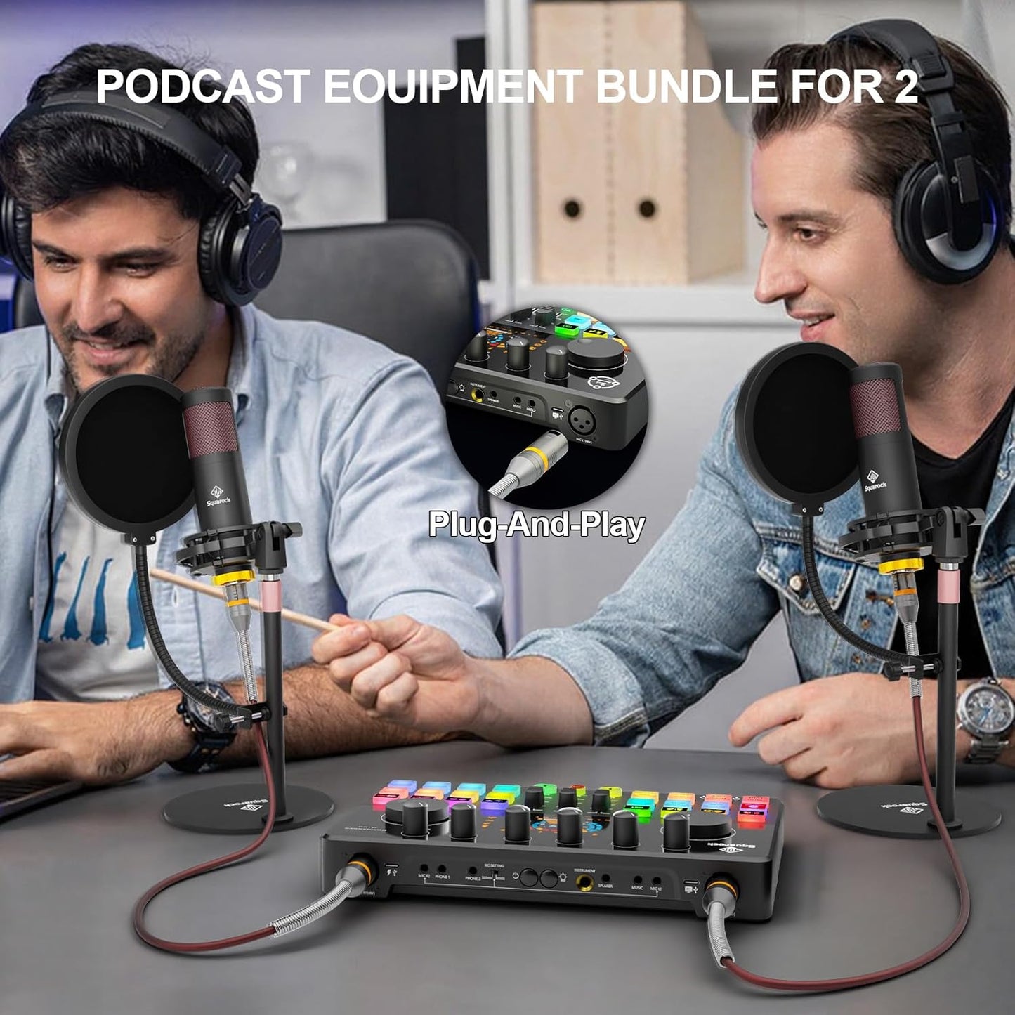 Podcast Equipment Bundle for 2 with Dual 48V XLR Condenser Micophones with Mic Pop Filters Audio Equipment for Live Streaming/ Recording, Online Gaming for Phone/ Laptop/ PC Audio Interface M100
