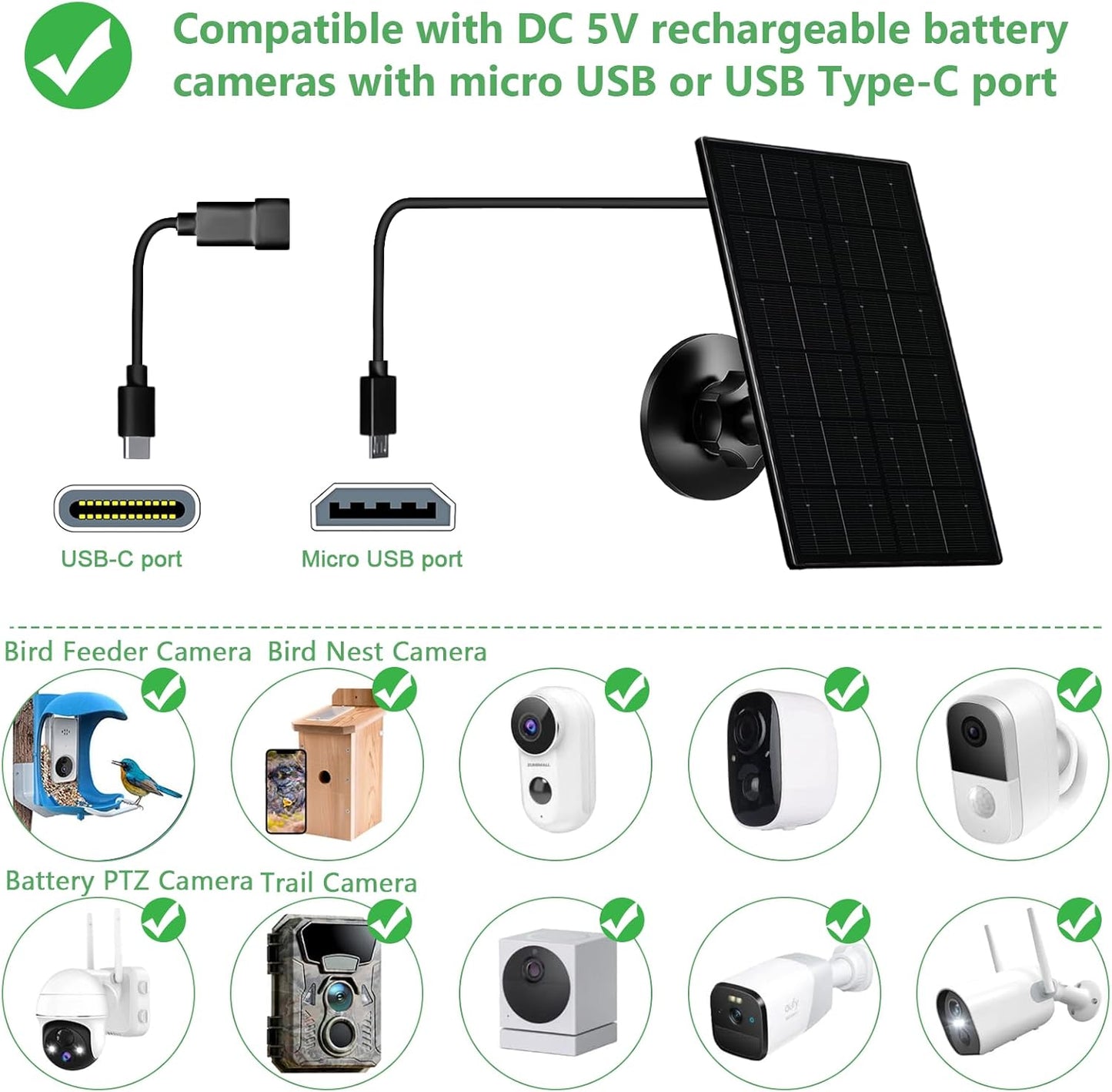 Zivif 4W Solar Panel for Security Camera, Solar Panel Charger with USB-C & Micro USB Ports, Compatible with Rechargeable Battery Camera, 360° Adjustable Mount