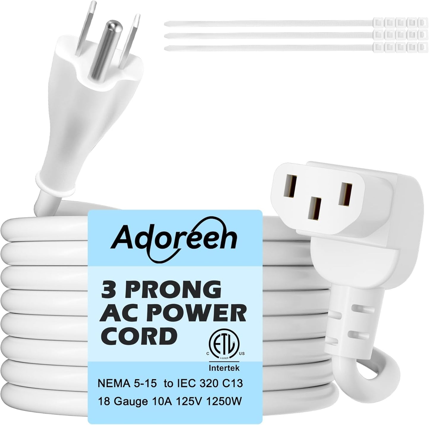 Adoreen 4 Ft Computer TV Replacement Power Cord White, 90 Degree Angled L-Shaped 18AWG 3-Prong AC Universal Power Supply Cable NEMA 5-15P to IEC 320 C13 for Printer, PC, Monitor TV LCD, ETL+Ties