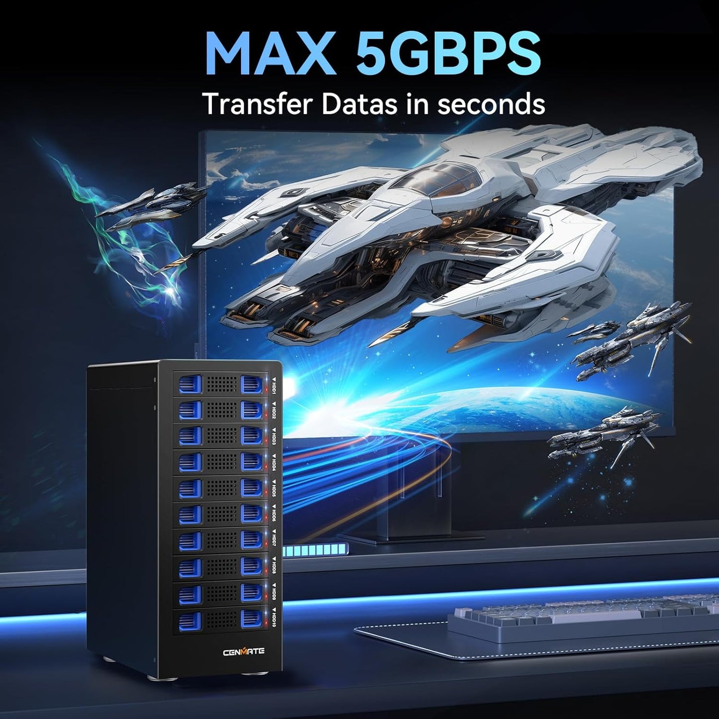 10 Bay Hard Drive Enclosure with Cooling Fan for 2.5/3.5" SATA HDD/SSD with USB A/C 3.0 Cable, 3.5 Hard Drive Enclosure Supports 200TB Capacity, Tool-Free HDD Enclosure, DAS(NO RAID/NAS)