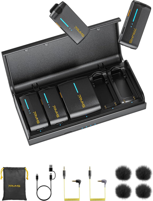 7RYMS iRay DW40 Wireless Lavalier Microphone System with 4 Transmitter, Noise Cancellation, 656ft Range, 12.5H Working, Lapel Mic for iPhone Android Camera PC, Podcast Live Streaming Interview