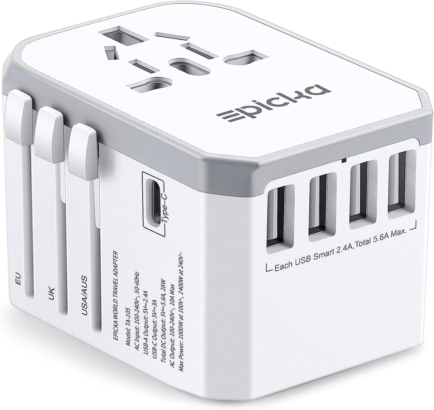EPICKA Universal Travel Adapter, European Travel Plug Adapter - International Power Adapter Worldwide Charger with USB-C & 4 USB-A Ports, Travel Essentials for Italy, Japan, Europe, UK (TA-105, White)