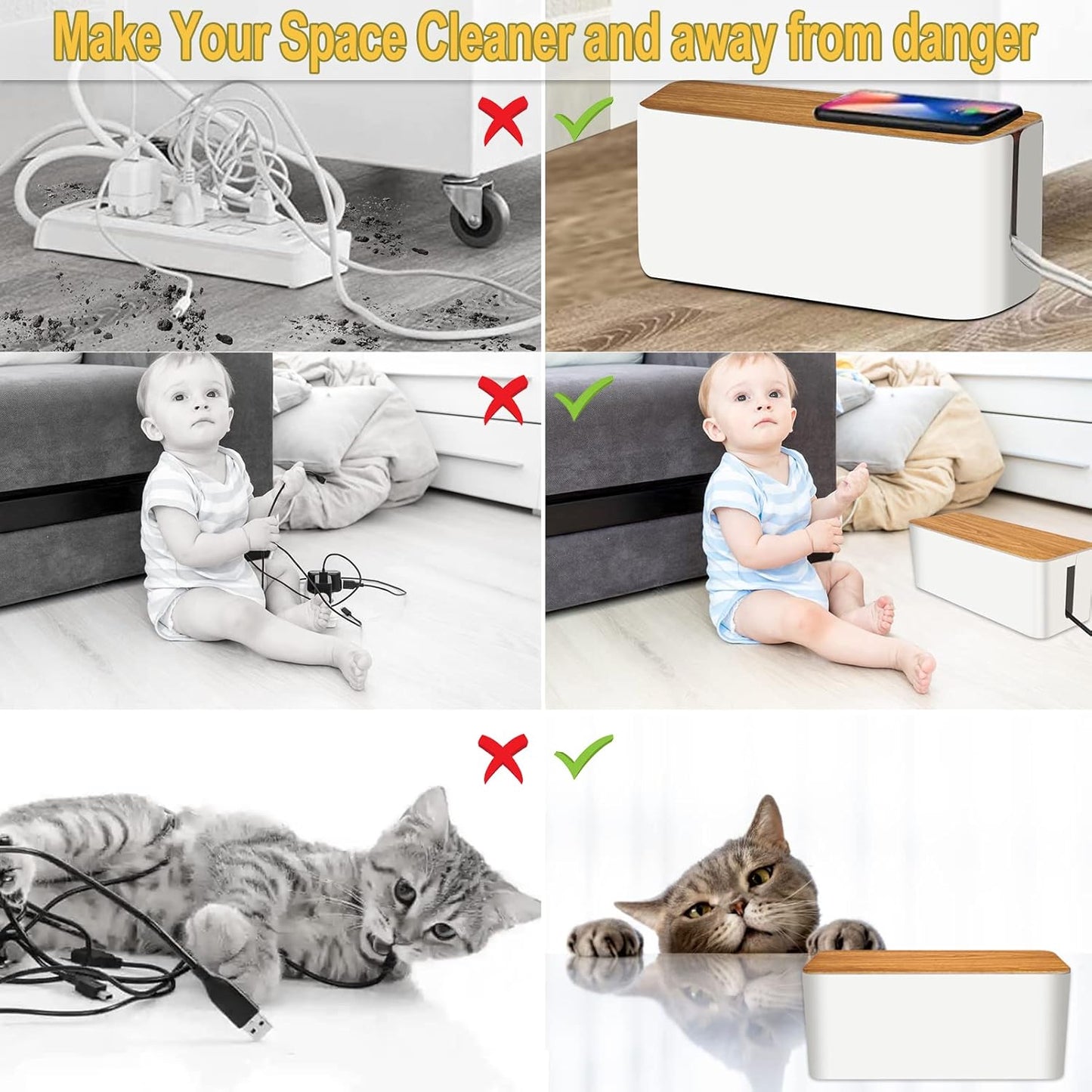 YUANYE Cable Management Box 2 Pack with 122 Cable Clips Set, Large Cord Organizer Box Hide Power Strip for Computer, Router, USB Hub and Under Desk Power Strip, Safe ABS Material Cord Management