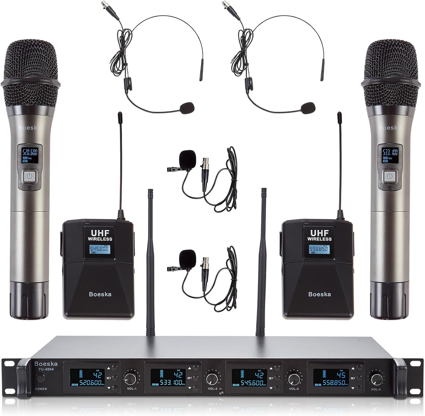 4 Channel Wireless Microphone System UHF 2 Cordless Handheld Mics and 2 Lavalier Headset Mics for Karaoke Church Speaking Conference Meeting Party, 4x25 Adjustable Frequency (2 Handheld + 2 Bodypack)