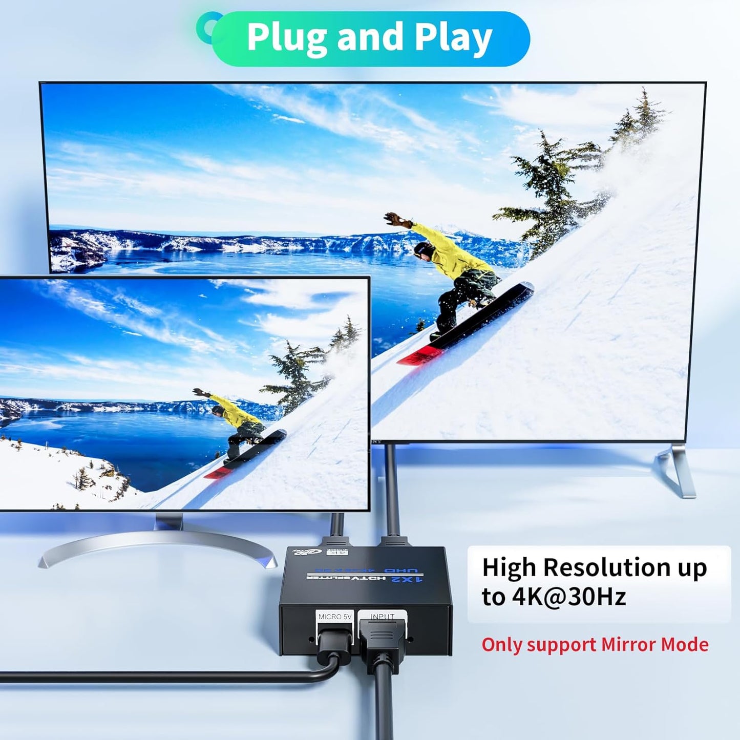 HDMI Splitter 1 in 2 Out 4K, 1x2 Powered HDMI Multi-Port Adapter for Dual Monitor, Support 4K UltraHD 3D HDR, Duplicate/Mirror Screens, Ideal for Xbox Ps5 Ps4 Ps3 Fire Stick Blu-Ray Player HDTV