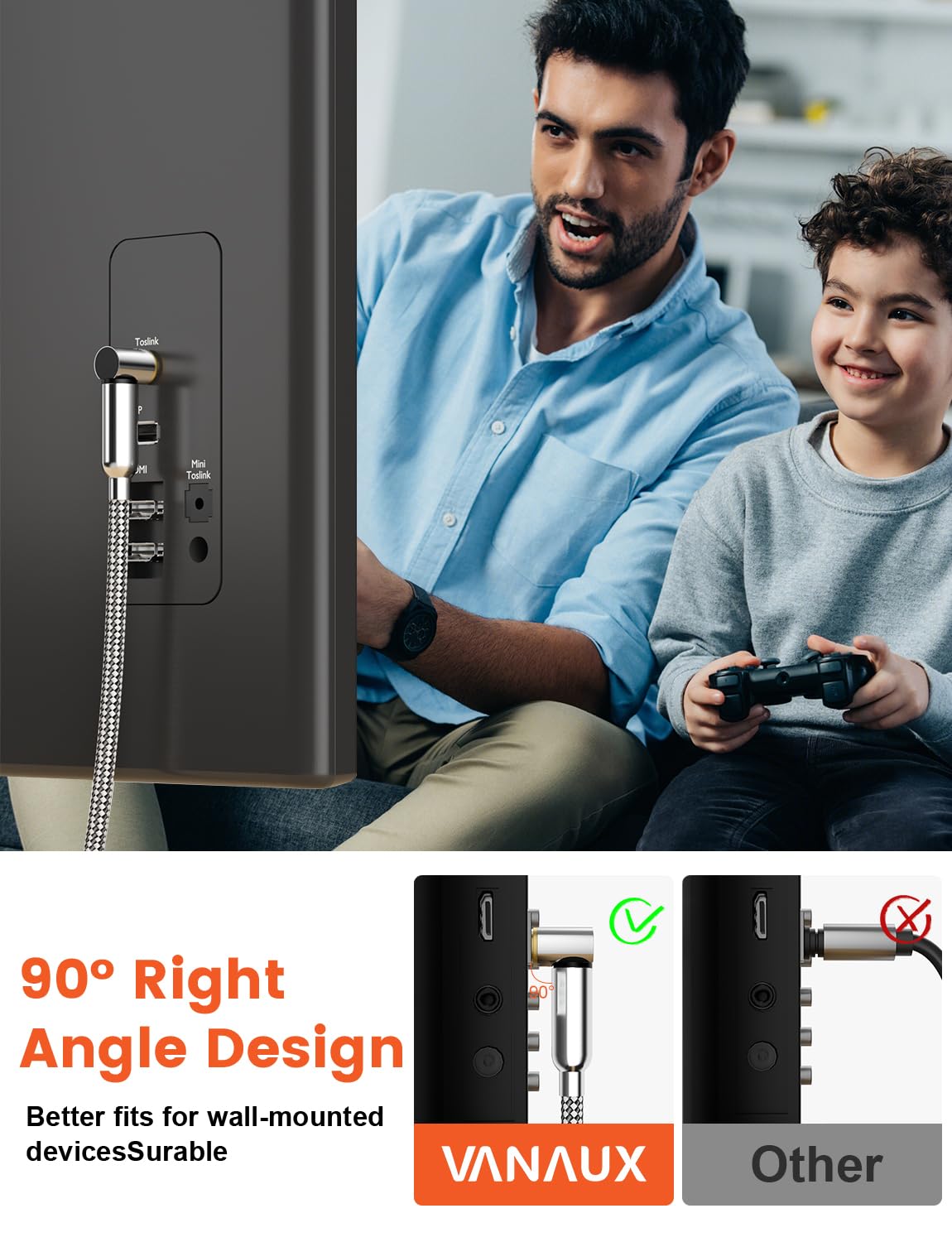 VANAUX 90-Degree Optical Audio Cable 6FT,Premium Fiber Optic Toslink Cable(24K Gold-Plated Connectors,Aluminum Alloy Shell,Braided Jacket)Ideal for Tight Spaces,Home Theater,Soundbars,Gaming Consoles