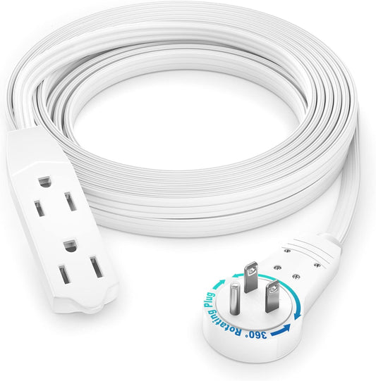 Maximm Cable 12 Ft 360° Rotating Flat Plug Extension Cord, 16/3 AWG Multi 3 Outlet 3-Prong Grounded Wire- White - UL Certified