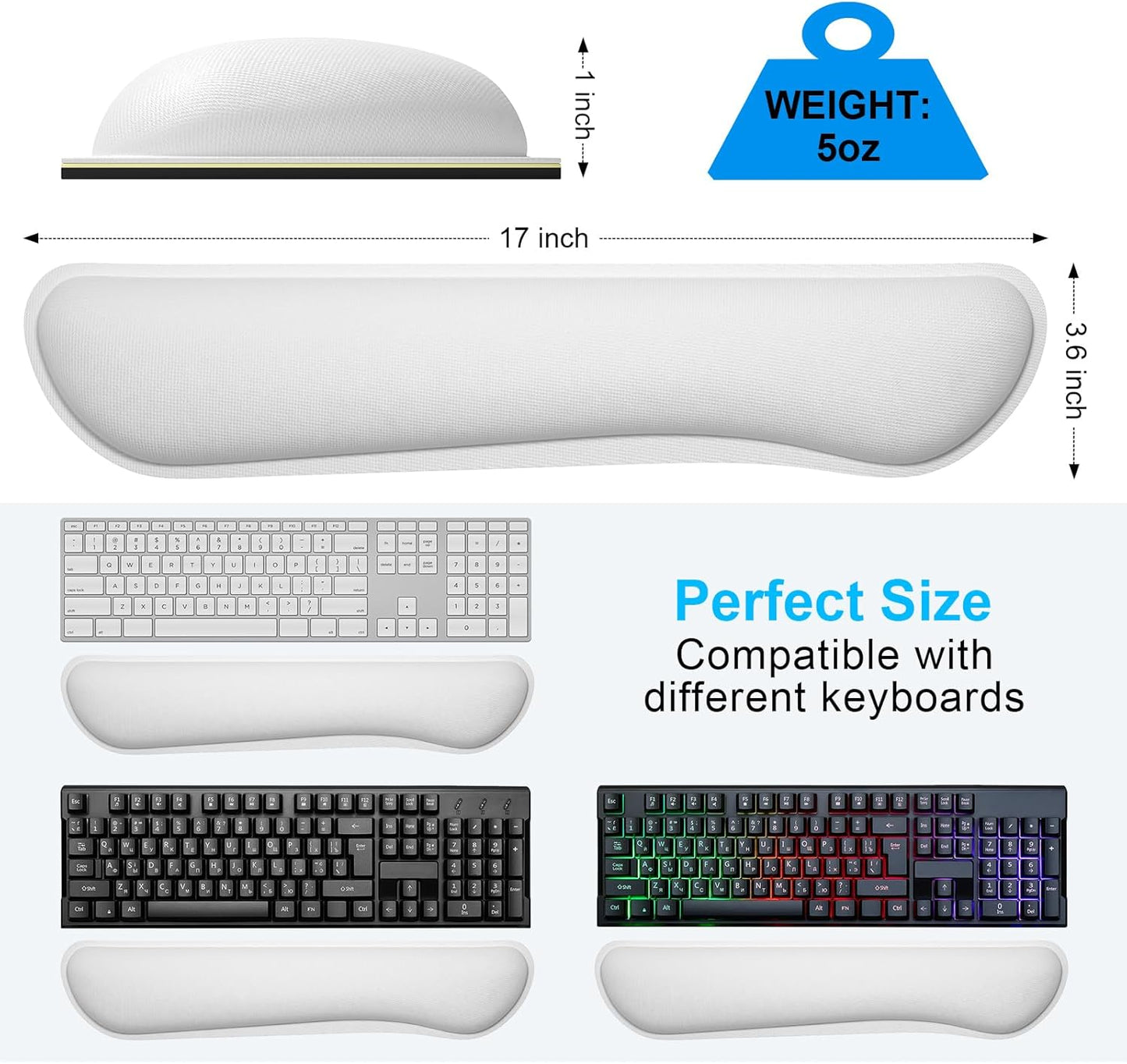 Dapesuom Enlarge Keyboard Wrist Rest, Cute Memory Foam Keyboard Wrist Cushion for Computer Desk Mats Support, Typing Pain Relief Ergonomic Mouse Pad Rests with Non-Slip Base for Gaming, Laptop, White