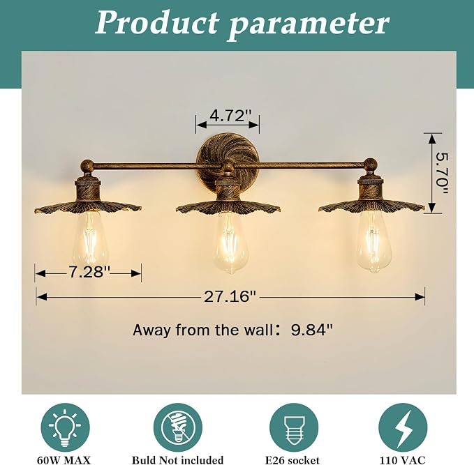 ZGLAOJT 3 Light Vintage Vanity Light Oil Rubbed Bronze Bathroom Light Fixtures - Image 2