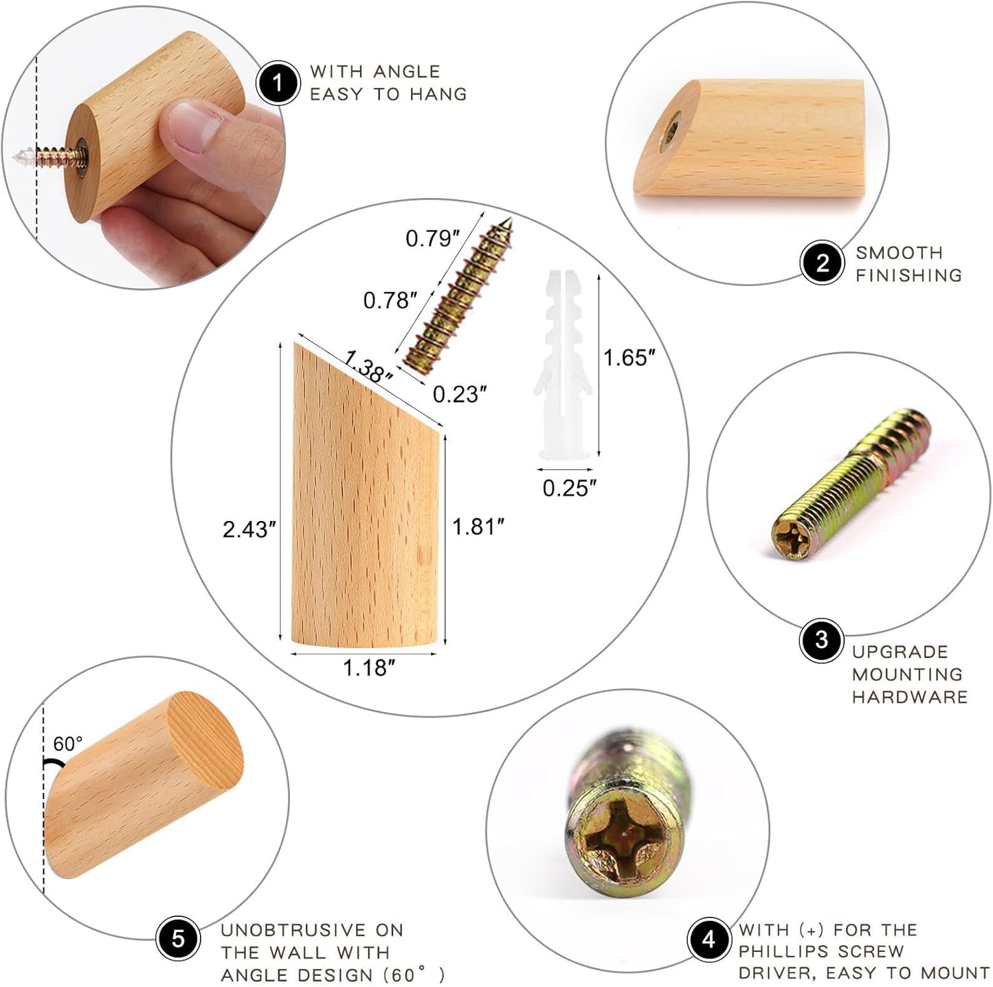 Wood Hooks, 3 Pack Wall Hooks Heavy Duty Rustic Coat Hooks Wall Mounted, Decorative Hooks for Hanging Coats Hats Towels Robes Hat Rack for Wall (Beech Wood)