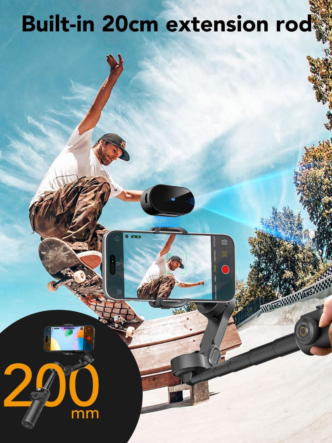 Gimbal Stabilizer for Smartphone,NO APP Tracking,20CM Extension Rod,Face & Object Tracking stabilizer for iPhone & Android,3-Axis OLED Gimbal for Video Recording-AOCHUAN Smart X2AI Black