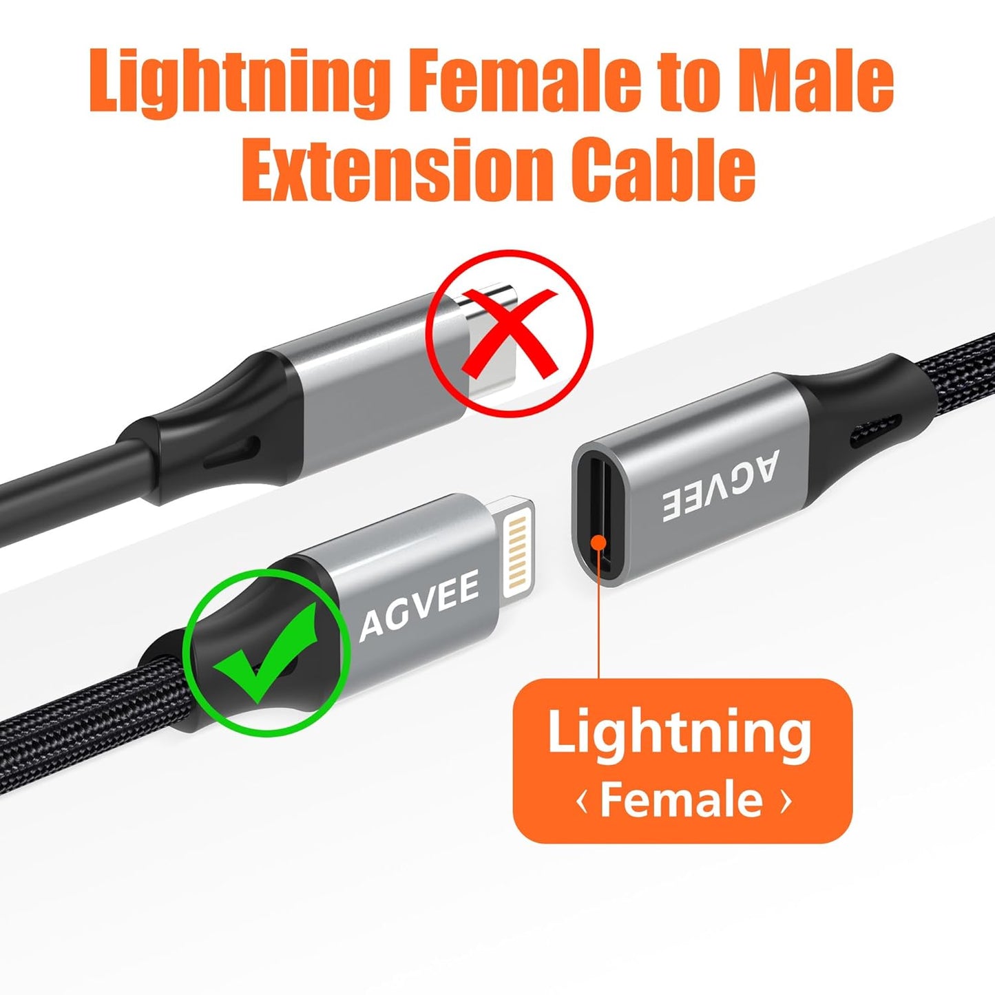 AGVEE 6.6ft Lightning Extension Cable, Braided Female to Male Extender Full Function Cord Compatible with iPhone iPad, Data Sync Video Audio & Charging Connector Adapter, Dark Gray