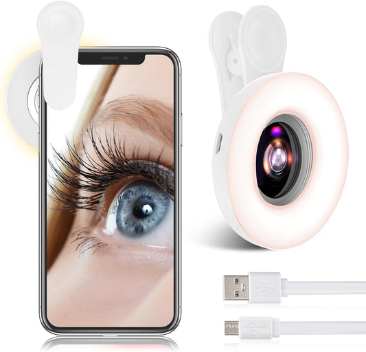 15X Macro Lens with LED Ring Light for iPhone & Android - Rechargeable Portable Clip-On Lens for Smartphone Photography, Vlogging, Close-Up Photos & Video Recording - 3 Light Modes, USB Fast Charging