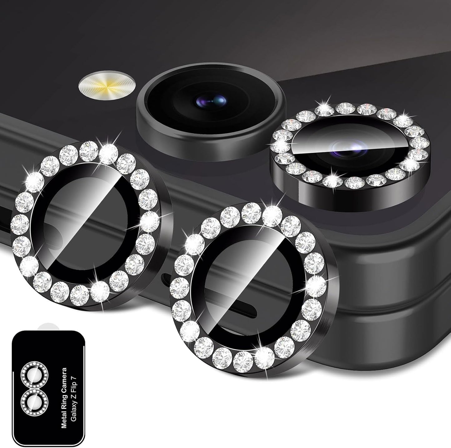 for Samsung Galaxy Z Flip 7 Camera Lens Protector, Individual Metal Ring Tempered Glass Lens Cover, [Strong Adsorption] Scratch Resistant Ultra-Thin HD Clear Lens Cover, 1 Set-Black Diamond