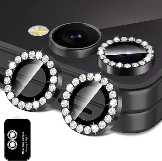 for Samsung Galaxy Z Flip 7 Camera Lens Protector, Individual Metal Ring Tempered Glass Lens Cover, [Strong Adsorption] Scratch Resistant Ultra-Thin HD Clear Lens Cover, 1 Set-Black Diamond