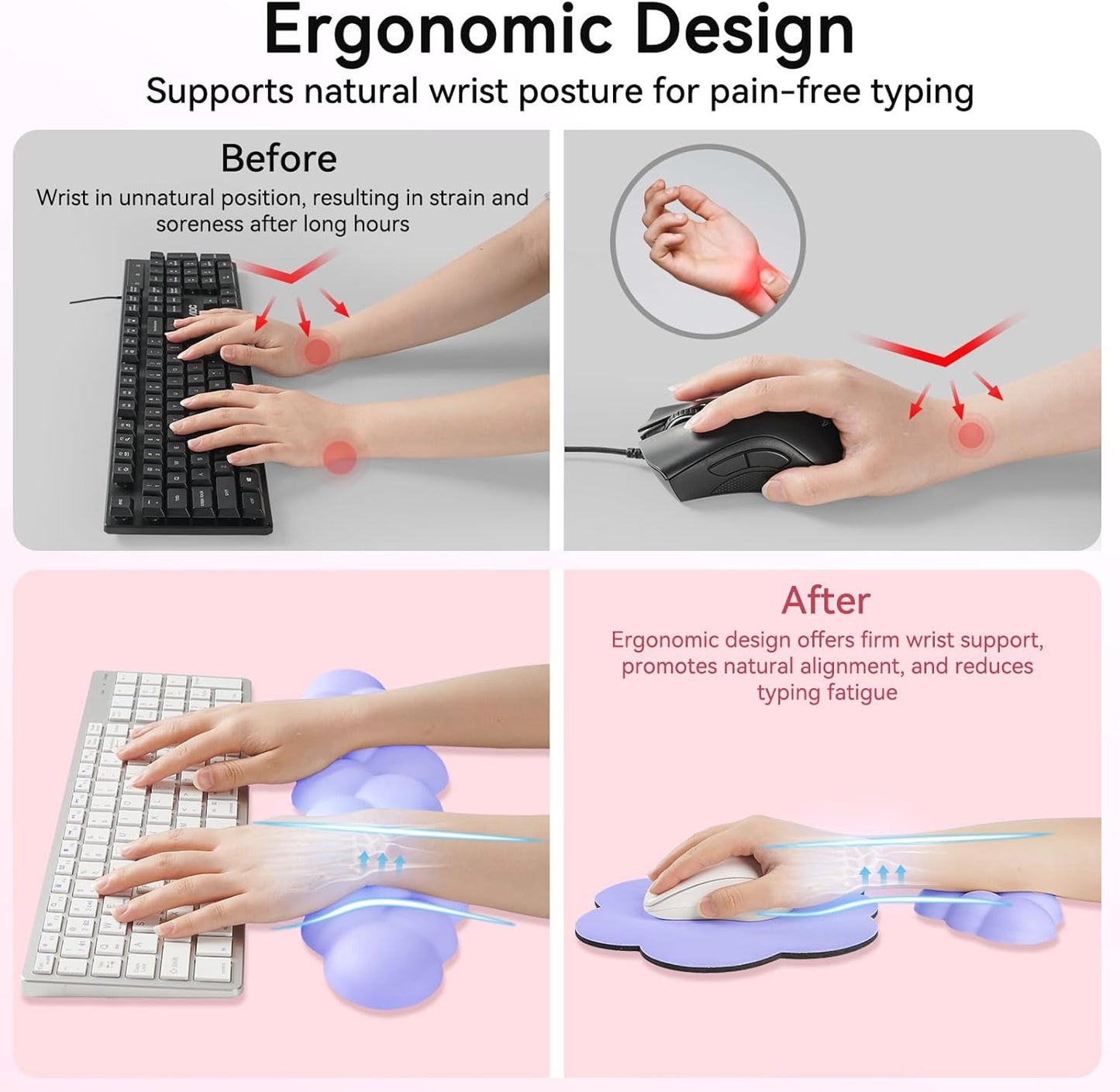 Cloud Wrist Rest for Computer Keyboard, 4-in-1 Memory Foam Leather Cloud Keyboard Wrist Rest and Mouse Pad Set with Ergonomic Support for Arm and Palm Cushion, Gaming/Work Setup, Purple
