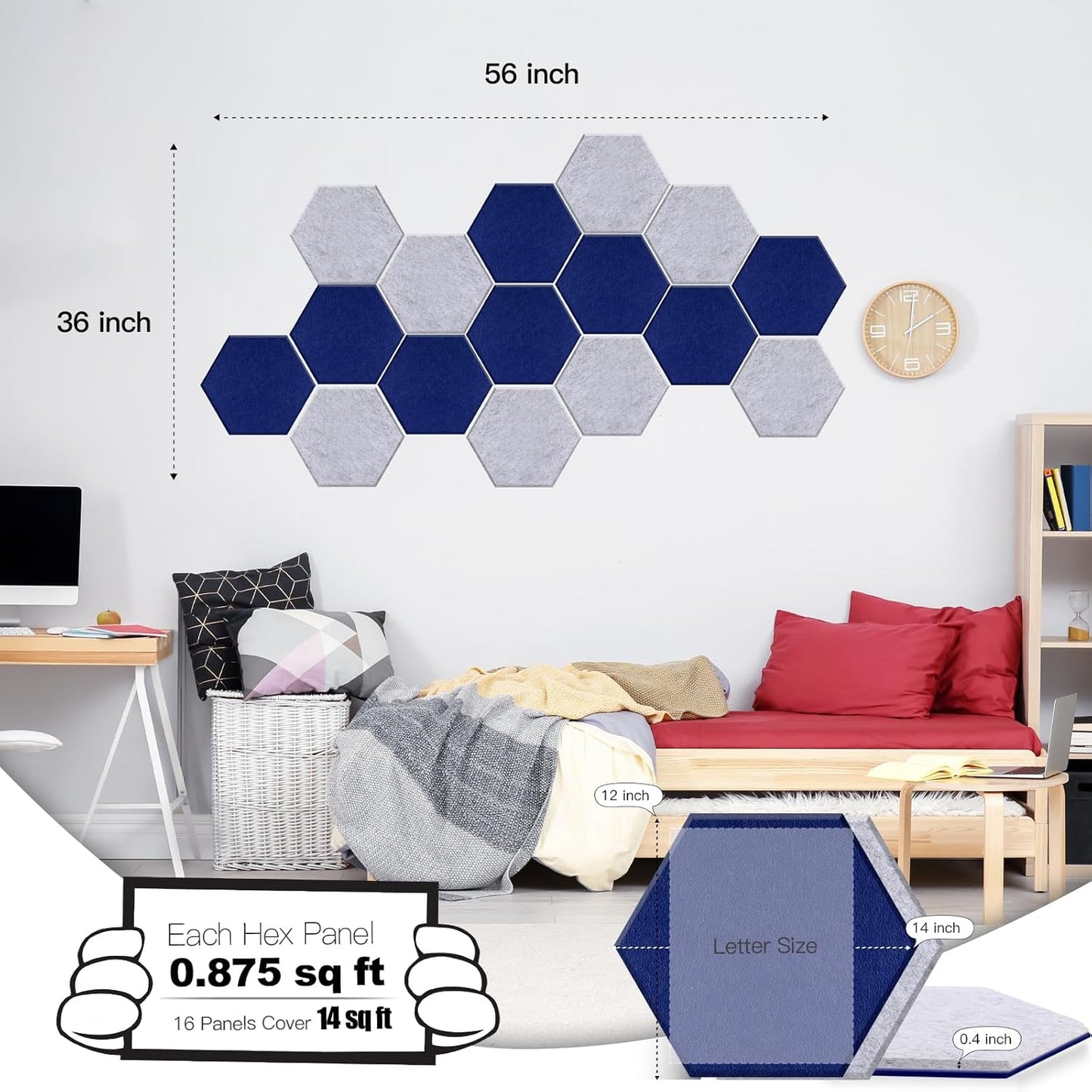 Mollywell Hexagon Acoustic Panels, High Density, Soundproofing, Decorative Noise Reduction Felt Wall Tiles for Ceilings, Home Office & Gaming Room (Navy Blue and Silver Grey), 14x12x0.4 Inch