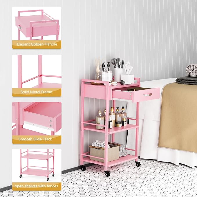 Salon Trolley Cart for Beauty SPA, Wooden Rolling Storage Station, Mobile - Image 3