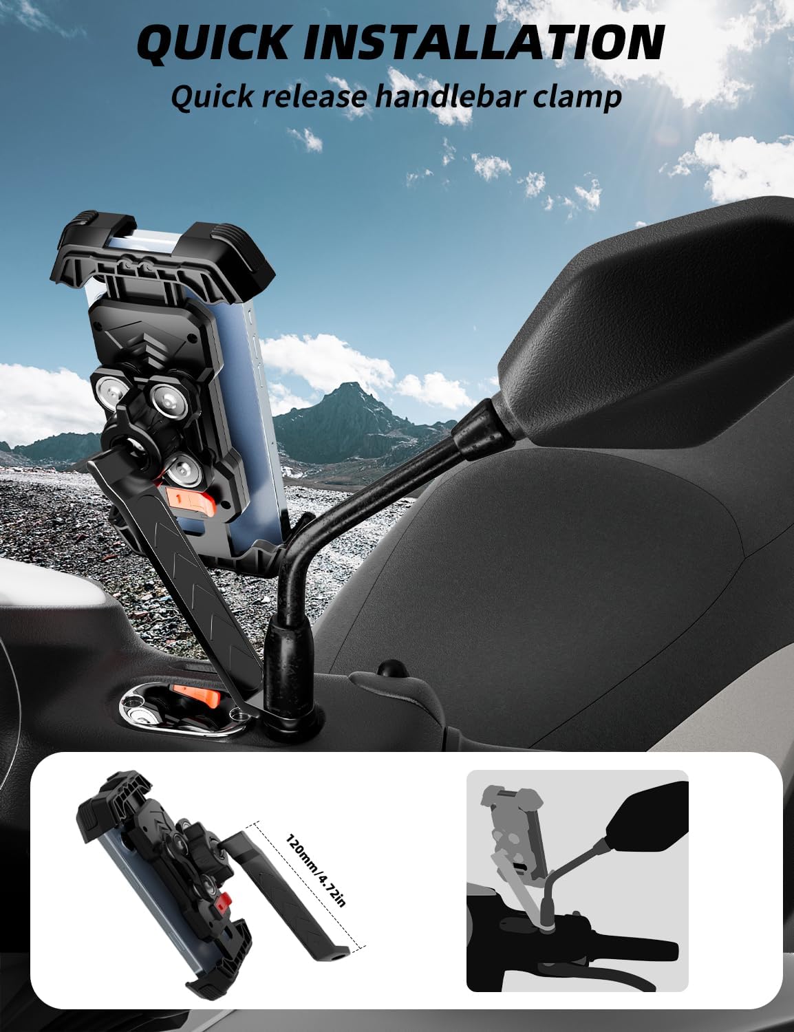 Bike Phone Holder, 360° Adjustable Motorbike Phone Holder for 4.7"-7.2" Smartphones Phone Bicycle, Motorcycle Mirror Mount, Universal Handlebar Phone Mount for MTB/Scooter/Dirt