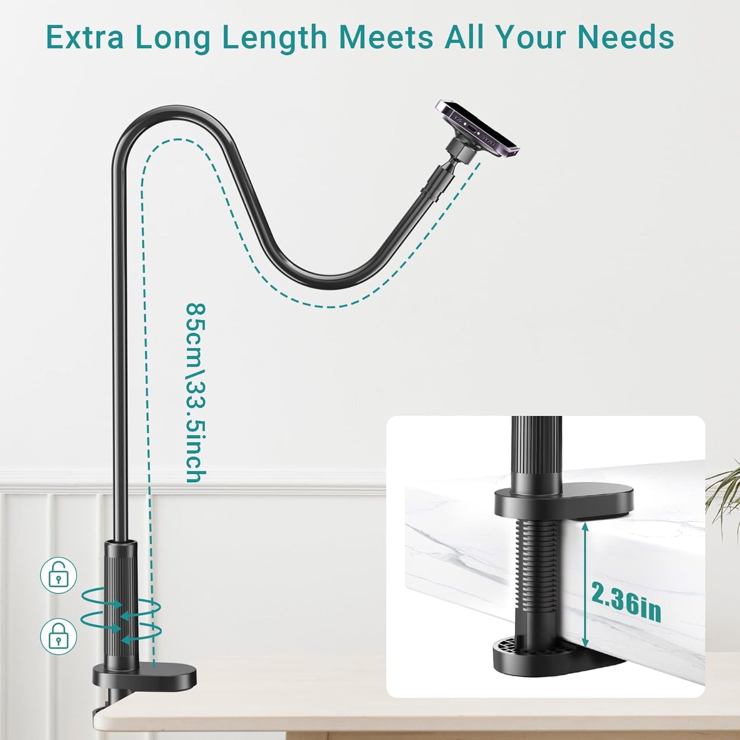Gooseneck Phone Holder for Bed, Magnetic Cell Phone Stand for iPhone 16 15 14 13 12 Pro Max Plus Mini, Flexible Long Arm Mount 360 Adjustable for Desk Bedside Filming