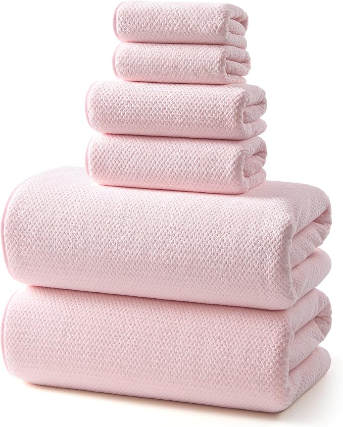 REDKISS 6 Piece Pink Towel Set, Extra Large Microfiber Bathroom Towels Set by REDKISSOnline