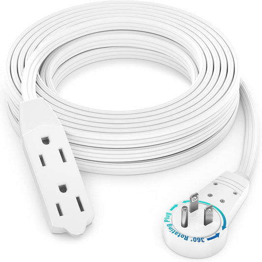 Maximm Cable 20 Ft 360° Rotating Flat Plug Extension Cord, 16/3 AWG Multi 3 Outlet 3-Prong Grounded Wire- White - UL Certified