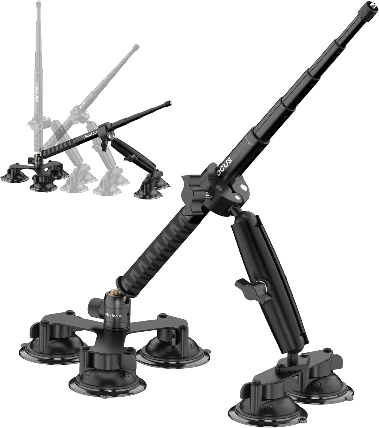 MINIFOCUS Suction Car Mount for Insta360 X5, X4, X3, 5 in 1 Suction Cup Camera Mount Kit with 2in1 Extension Pole, Compatible with Insta360 GoPro Action Camera(Includes 45inch Invisible Selfie Stick)