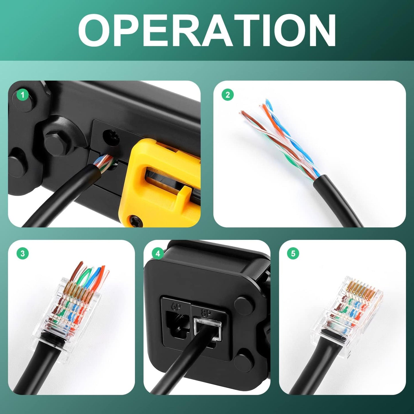 Delgada rj45 Crimp Tool with 50PCS Pass Through Connectors, for Cat6 Cat5e Cat5 Crimping Tool Kit, Network Cable Tester and Wire Stripper Included, for RJ45/RJ12 Regular