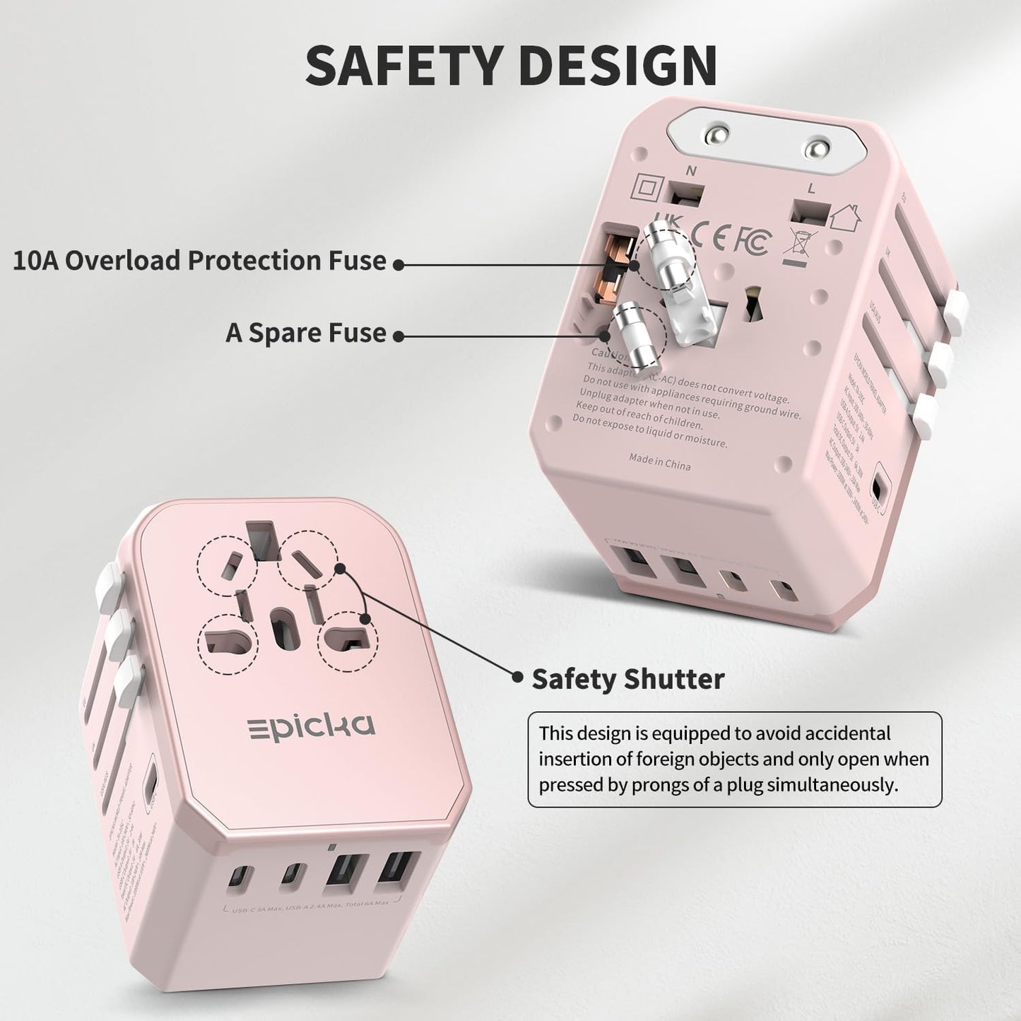 EPICKA Universal Travel Adapter, International Power Plug Adapter with 3 USB-C and 2 USB-A Ports, All-in-One Worldwide Wall Charger for USA EU UK AUS (TA-105C, Pink)