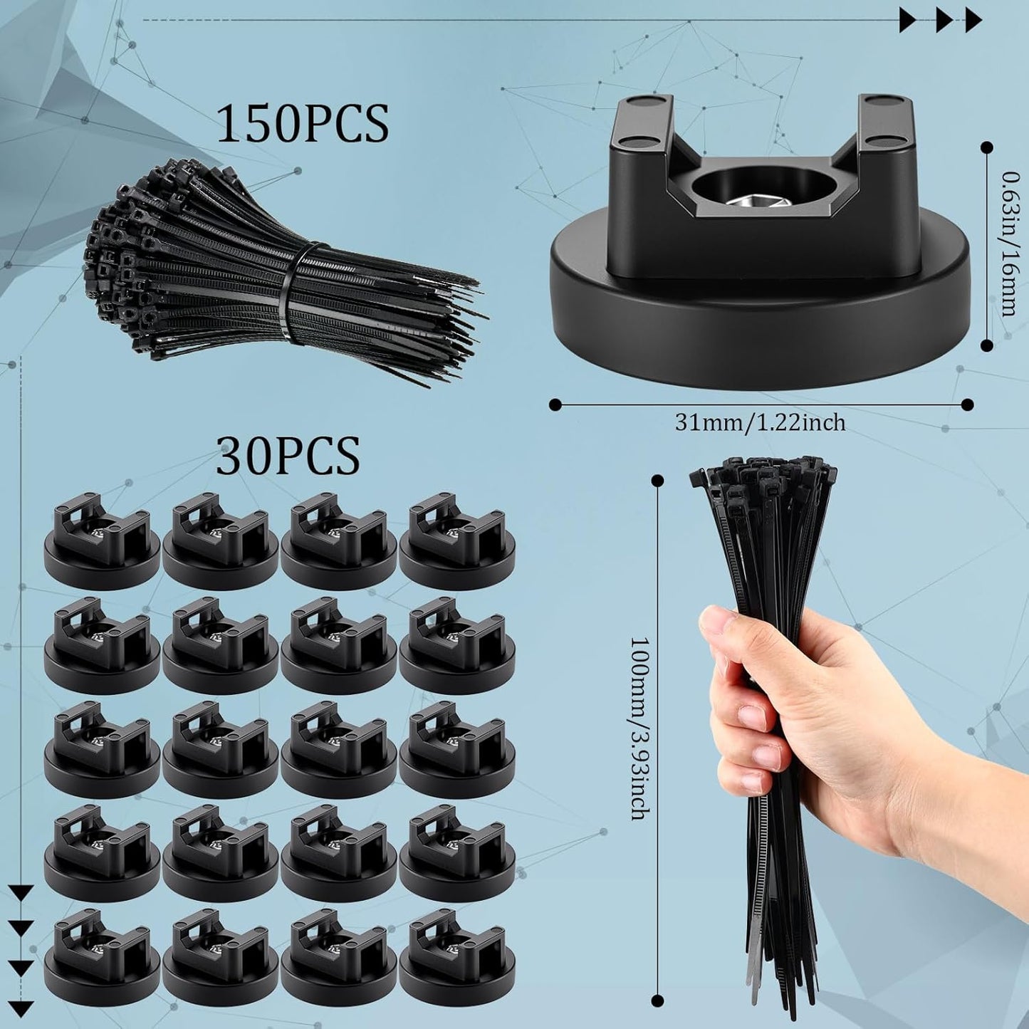 Yookeer 180 Pieces Magnetic Zip Tie Mount Multipurpose Cable Holder Magnets Magnetic Wire Management Bases with Heavy Duty Zip, Mount Nylon Cable Ties in Total (31mm)