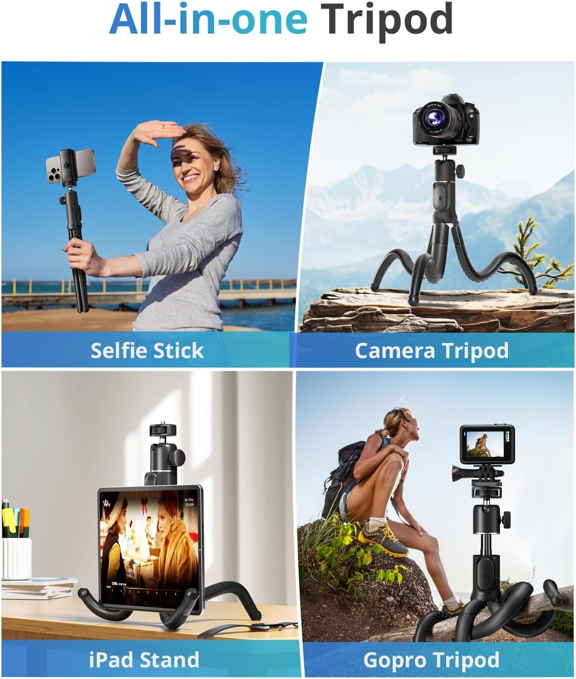 UBeesize Extendable Phone Tripod, Flexible Tripods with Remote, 3 in 1 Selfie Stick with Gopro Mount, iPhone Stand for Recording, Volgging, Live Streaming Fit for Cell Phones, Canon Sony Cameras