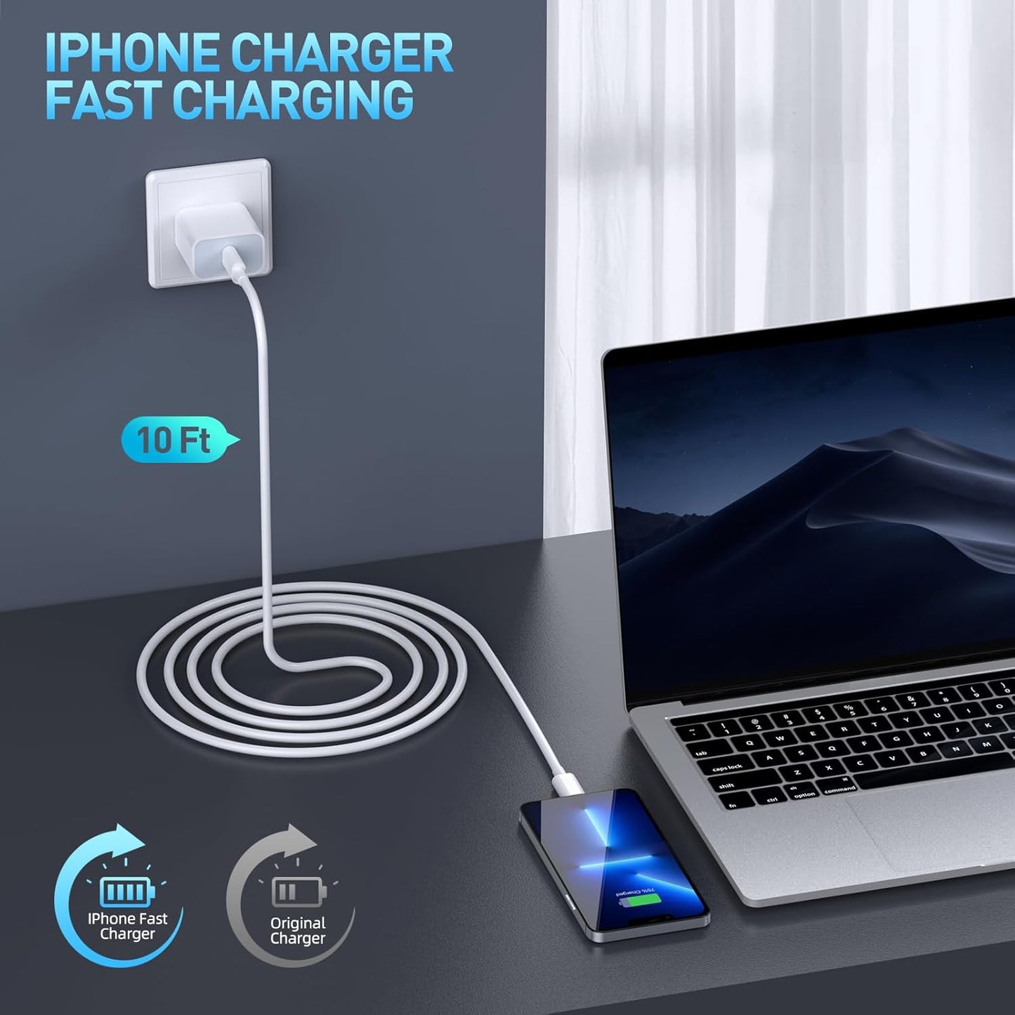 Fast Charger iPhone,iPhone Charger Fast Charging[Apple MFi Certified]3Pack Apple Charger USB C Wall Charging Block 10FT Long USB C to Lightning Cable Cord for iPhone14 Pro Max/13/12 Mini/11/XR/XS/X/SE