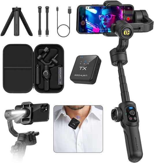 S2 Mic Smartphone Gimbal Stabilizer w/Wireless Lavalier Microphone, Built-in 18cm Extension Rod & Fill Light, Professional 3-Axis Gimbal for iPhone & Android for Video Recording