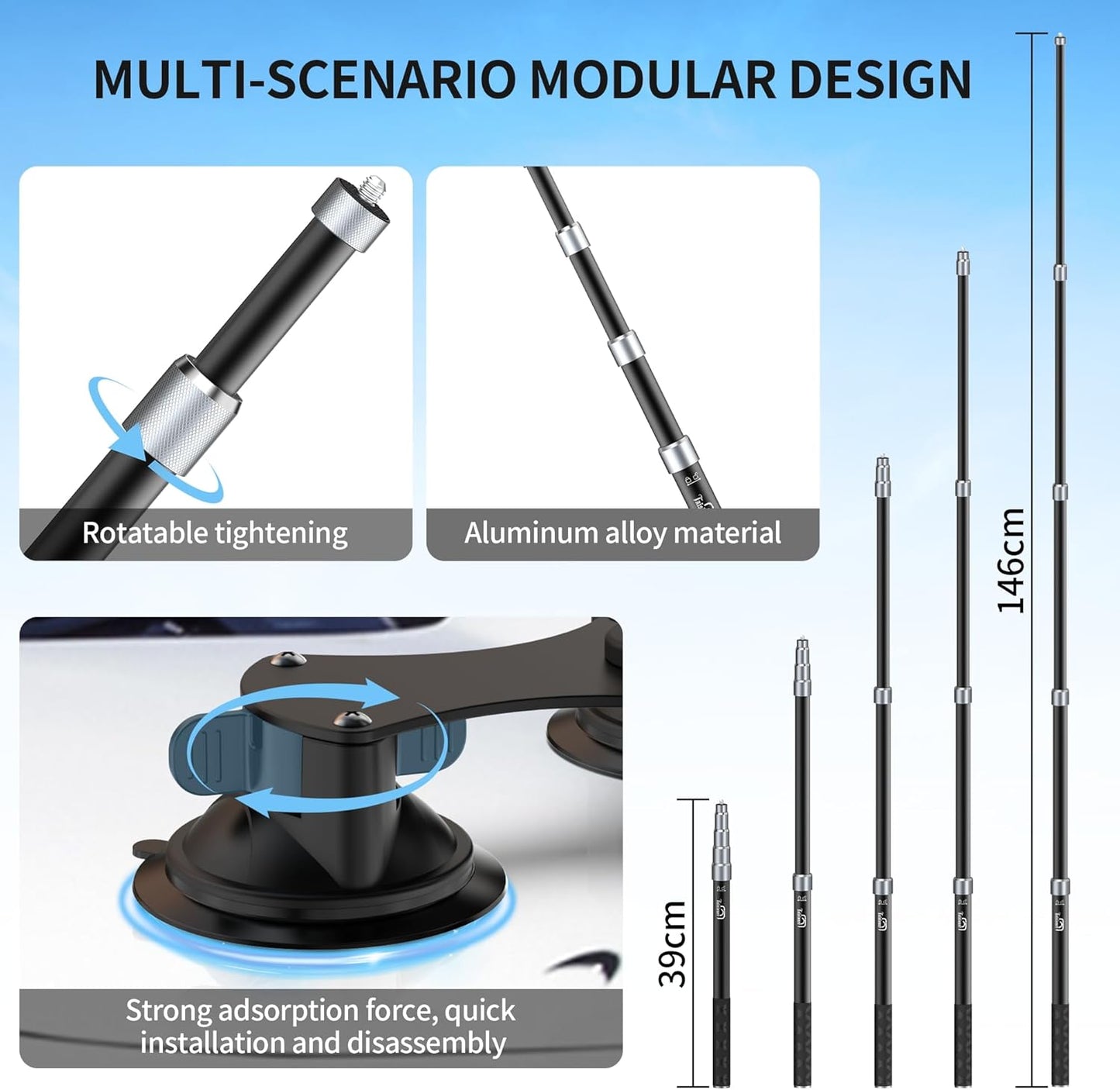 Suction Car Mount for Insta360 x5/X4/X3/X2/GO 3/ONE/GoPro Max-59 Lockable Anti-Fall Selfie Stick with 5 Suction Cups, 3-Person Car Camera Mount for 360° Action Vlog Cameras, DSLR (Indoor & Outdoor)