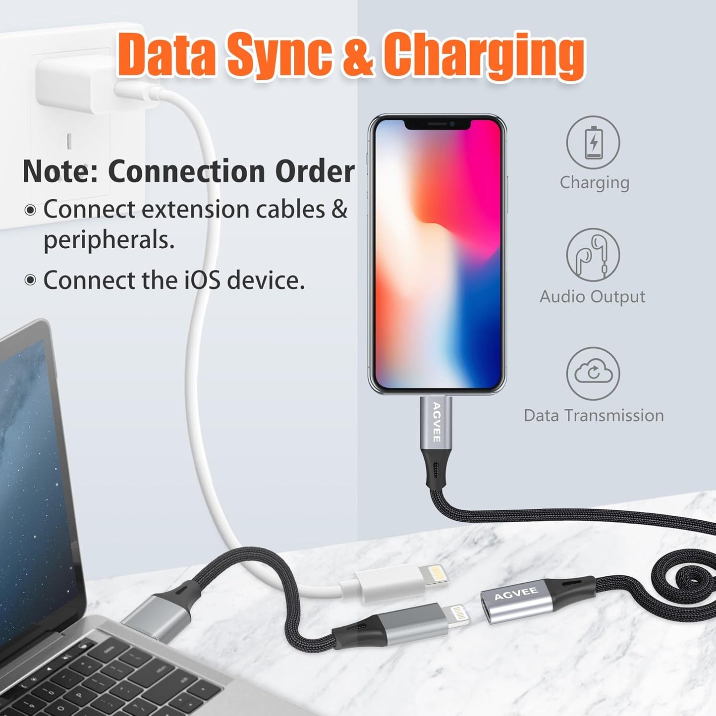 AGVEE 6.6ft Lightning Extension Cable, Braided Female to Male Extender Full Function Cord Compatible with iPhone iPad, Data Sync Video Audio & Charging Connector Adapter, Dark Gray