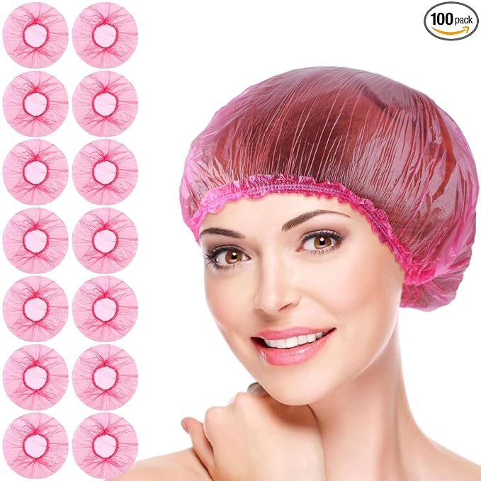 100 Pcs Pink Disposable Shower Caps, Shower Caps by Unknown