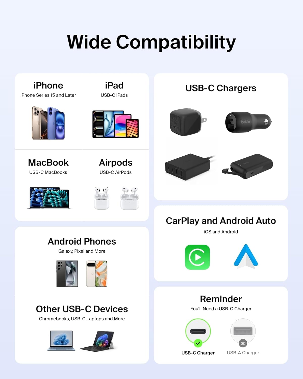 Belkin USB C to USB C Cable 2-Pack, 3.3ft, 60W - Type C Charger, iPhone Charger Cord, Soft, Braided, Flexible for iPhone 16, Galaxy S25, Pixel 9, Airpods, iPad Pro & More, Travel Essentials - Blue