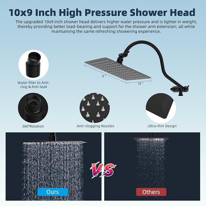 Hibbent All Metal 10'' Dual Filtered Rainfall Shower Head Combo, High Pressure - Image 6