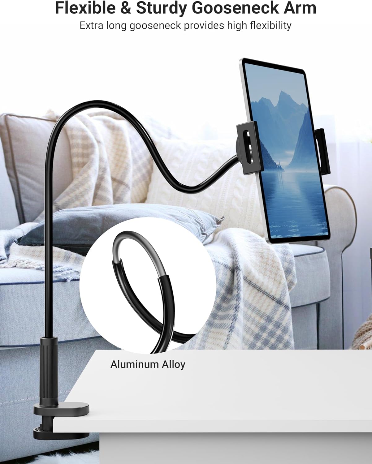 Flexible Gooseneck Tablet Holder, 360° Adjustable Phone Mount with Sturdy Clamp for Desk/Bed/Kitchen, Compatible with iPad Air Pro Mini iPhone/Samsung Galaxy Tabs/Nintendo Switch/4.7~12.9"